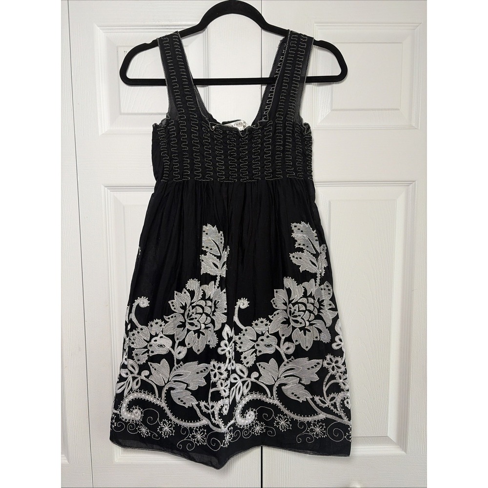 Max Studio Embroidered Floral Mini Dress Womens Size S Black Boho Cotton Fem